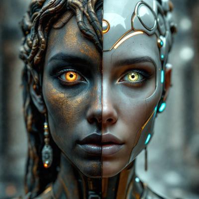 The primary subject of the image is a woman with two faces, one black and one white. The setting is a futuristic environment, possibly a dystopian or cyberpunk scene. The visual style is a digital art or illustration, with the woman's faces and the background being digitally created. The colors and mood of the image are dark and mysterious, with the woman's faces and the background being predominantly black and white.